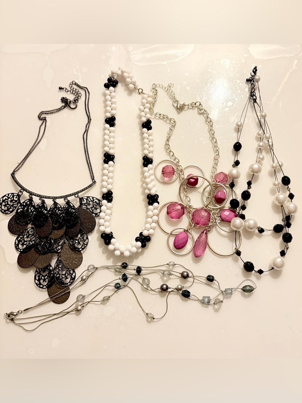 Multi-Strand Pink and White Fashion Necklace Set of 5 NWOT